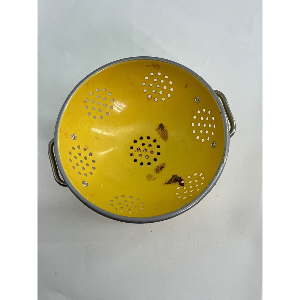Vintage American Girl Yellow Enamel Colander Metal Strainer with Handles Retro